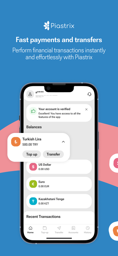 Piastrix app interface showing a verified account with multiple currency balances including Turkish Lira and US Dollar