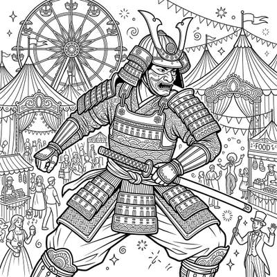 Step into an extraordinary world where a powerful samurai warrior meets the dazzling chaos of a carnival. This intricate coloring page offers adults a unique blend of historical might and festive fun.