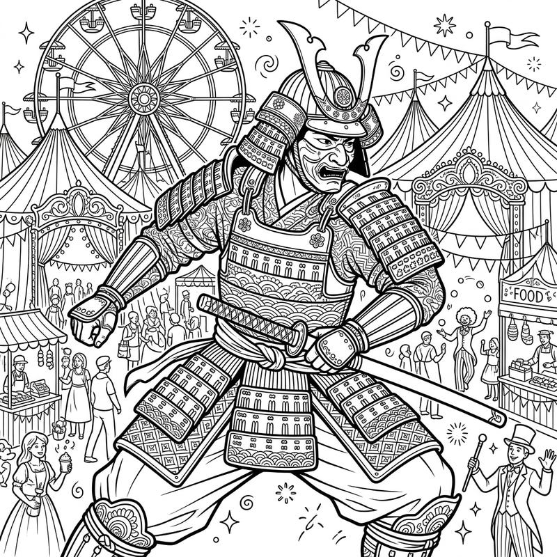 Step into an extraordinary world where a powerful samurai warrior meets the dazzling chaos of a carnival. This intricate coloring page offers adults a unique blend of historical might and festive fun.
