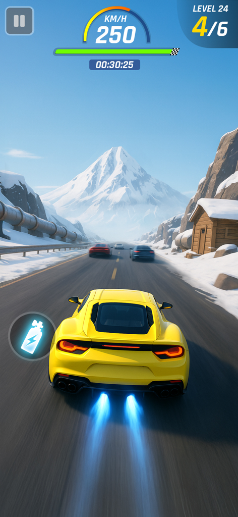 Car Racing 3D: Race Master - Um carro esportivo amarelo usando nitro boost enquanto corre em uma estrada de montanha nevada em Car Racing 3D Race Master.
