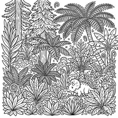 Step back in time with this intricately detailed prehistoric jungle coloring page, featuring a charming baby triceratops. Immerse yourself in a world of ancient ferns and towering trees, perfect for a relaxing and creative escape.
