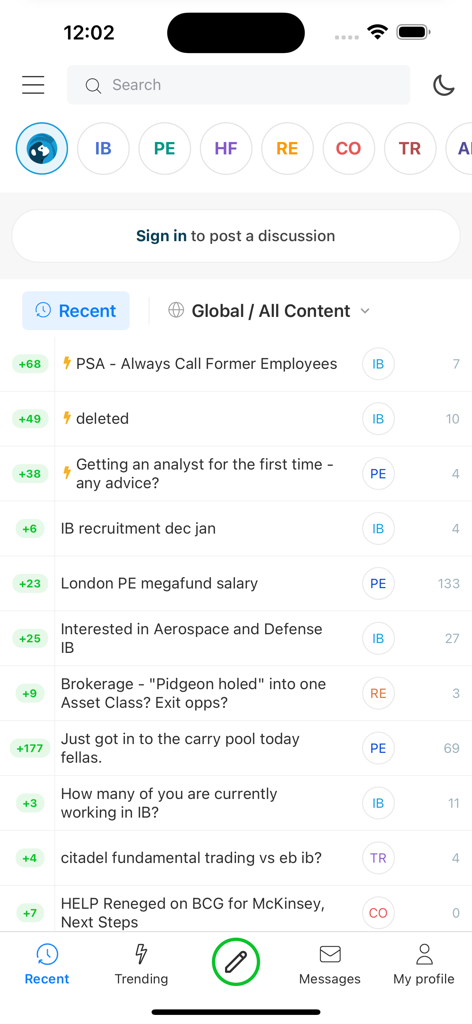 Screenshot of the Wall Street Oasis app showing recent discussion threads on investment banking and private equity