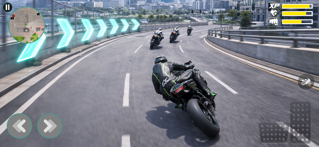 Gangster Bike Racing Simulator - A 3D motorbike racing game showing several riders competing on an urban highway with game controls and a mini map
