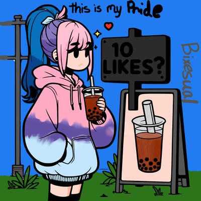 girl with oversized hoodie drinking boba and she has a high ponytail with a sign that says 10likes?