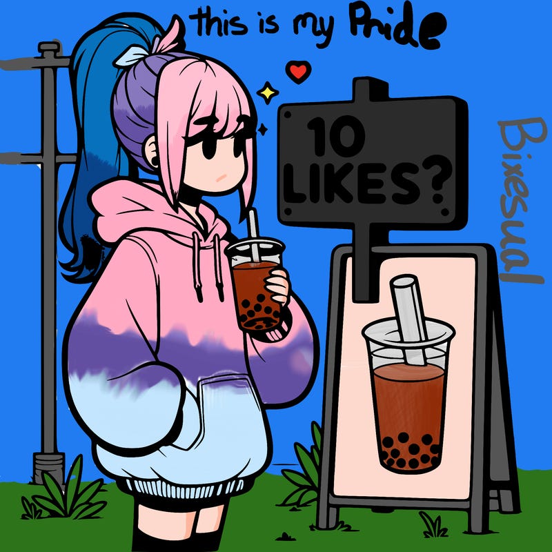 girl with oversized hoodie drinking boba and she has a high ponytail with a sign that says 10likes?