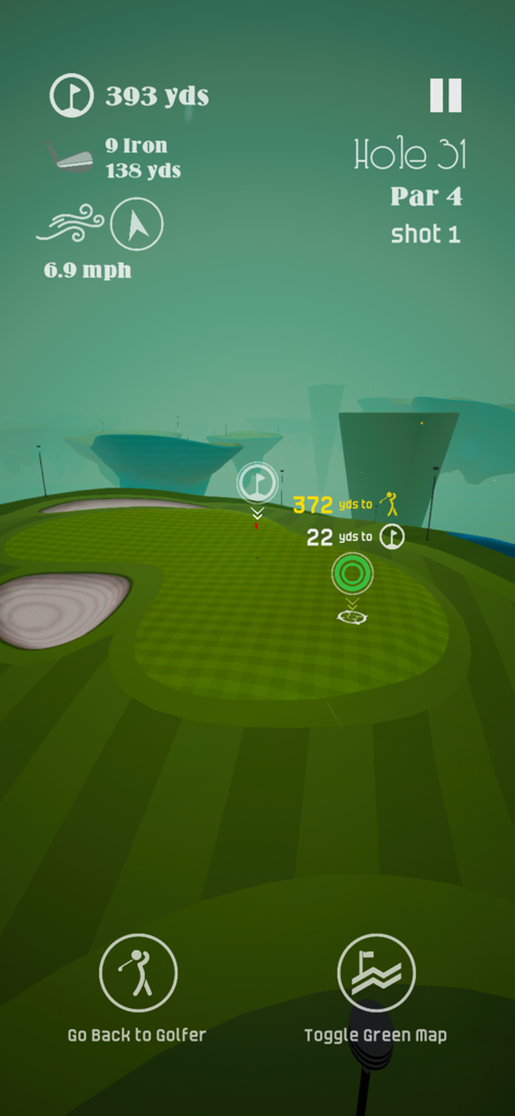 Gameplay of Stinger Golf showing the range finder view over the green with distance markers and wind info