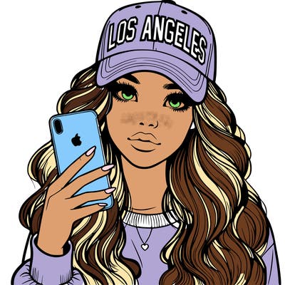 realistic beautiful girl wearing los ángeles cap holding an iphone