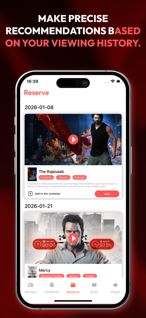 Interface do aplicativo Movie House HD mostrando recomendações de filmes personalizadas e um calendário de lançamentos futuros.