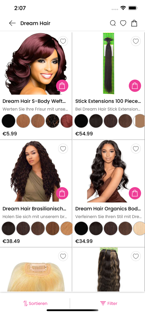 GT World of Beauty App zeigt Dream Hair Perücken und Haarverlängerungen mit Preisen und Farboptionen.