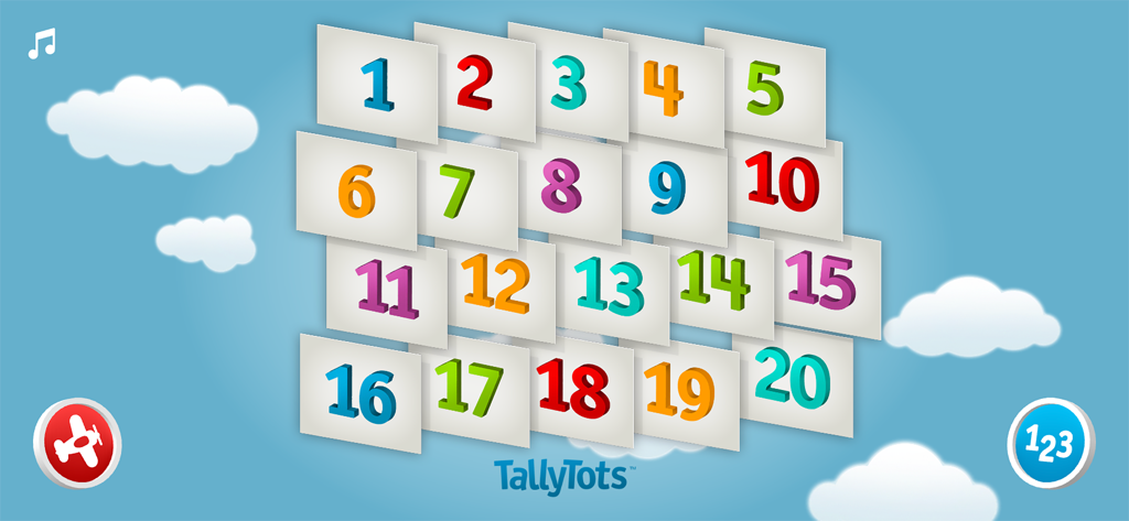 TallyTots Counting 123 Game - Main screen of the TallyTots Counting app showing a grid of colorful numbers from 1 to 20 on a blue sky background