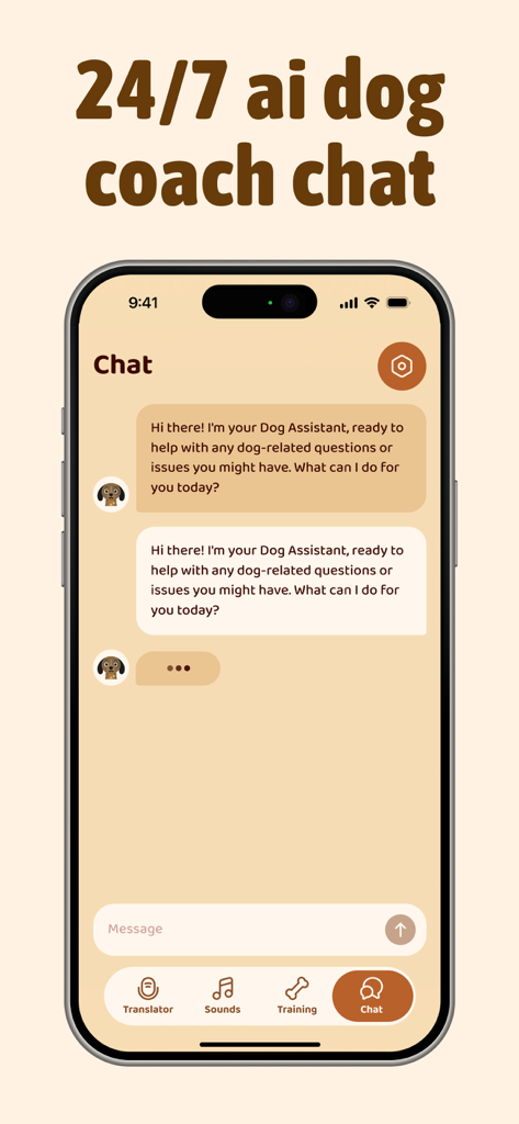 Dog Translator+‎ - Dog Translator plusアプリのAIドッグコーチチャットインターフェースのスクリーンショット。