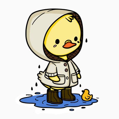 baby duck in a rain coat and boots, in a puddle while it’s raining