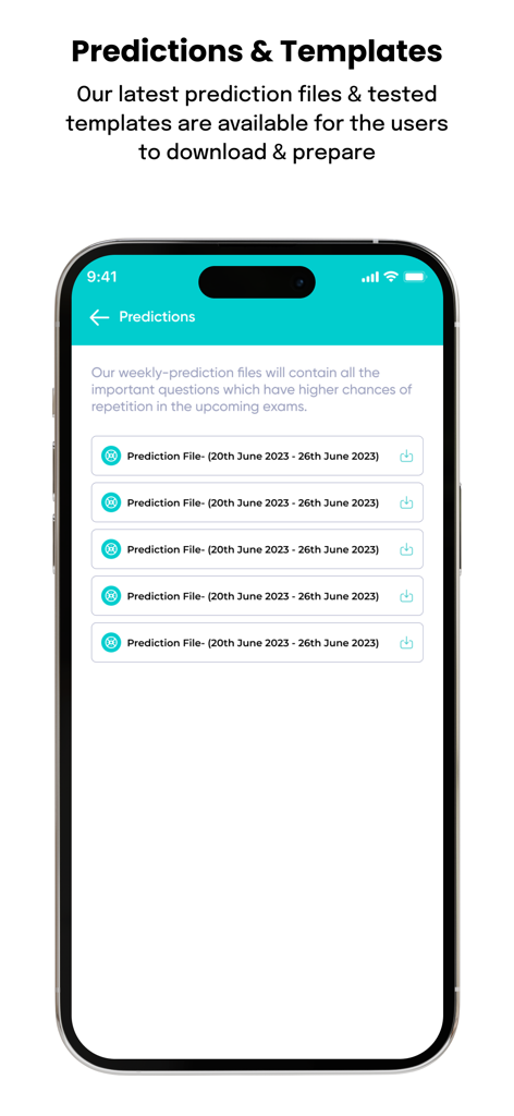 PTE Practice & Tests - AlfaPTE - Smartphone screen of AlfaPTE app displaying downloadable PTE exam prediction files