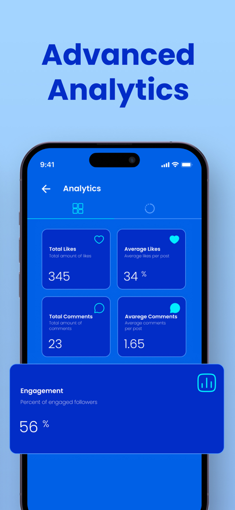 Unfollowers Unfollow Tracker - Panel de análisis avanzado que muestra la tasa de compromiso de Instagram, me gusta y comentarios