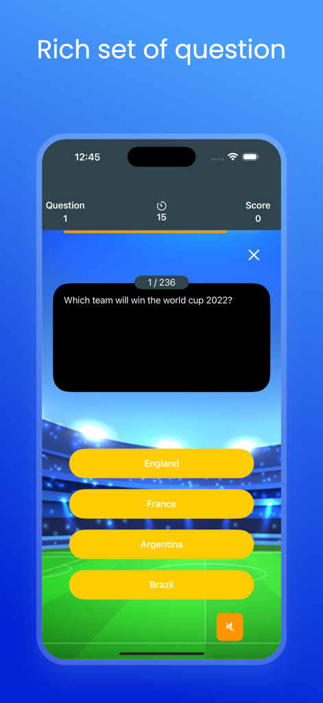 World Football Quizizz - Una pantalla móvil de Quizizz de Fútbol Mundial que muestra una pregunta de trivia sobre la Copa del Mundo de 2022 con opciones múltiples sobre un fondo de estadio de fútbol