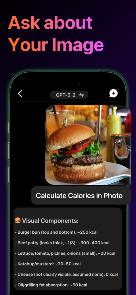 AI ChatBot usando reconocimiento visual para estimar calorías de una foto de hamburguesa.