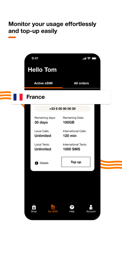 Orange Travel: Prepaid eSIM - Interface of the Orange Travel app showing remaining data and call usage for an active eSIM in France