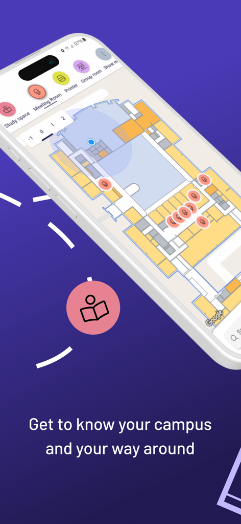 AAU Map - Interfaccia dell'applicazione Mappa AAU che mostra una planimetria interna del campus con filtri per strutture per spazi studio e stampanti