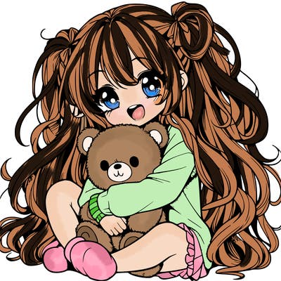 manga girl, long curly hair, happy, cuddling a teddy bear