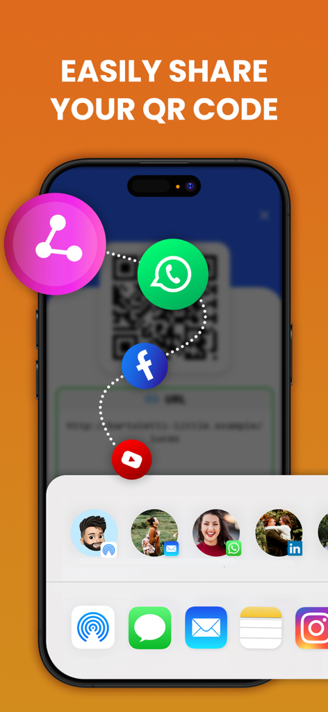 Tela de smartphone mostrando o recurso para compartilhar facilmente um código QR por meio de aplicativos de mídia social e mensagens