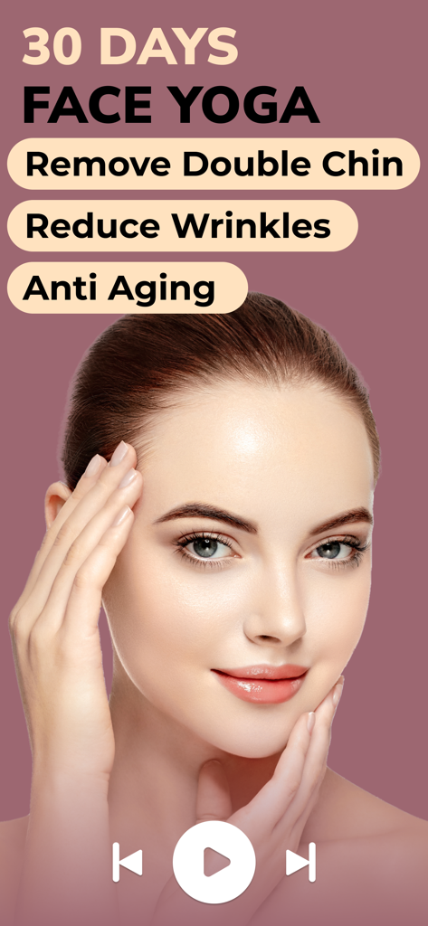 Face yoga app interface with 30 day anti aging program to reduce wrinkles and double chin