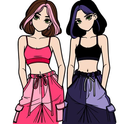 two girls with crop top with baggy pants
