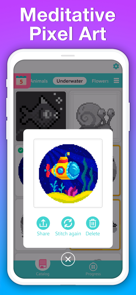 Interfaz de la aplicación PixelArt Saga que muestra una obra de arte de submarino amarillo completada con opciones para compartir o volver a unir