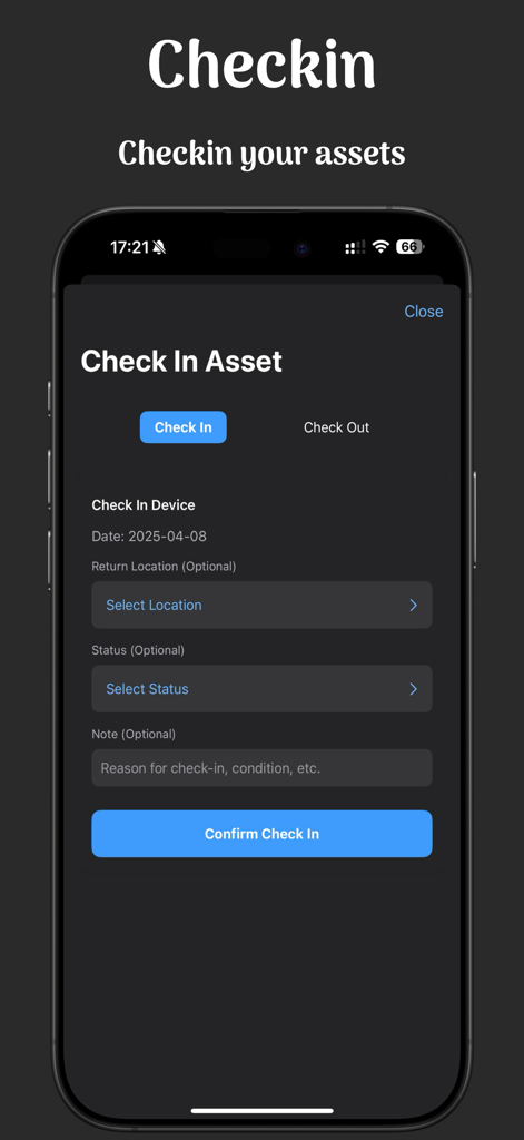 Snipe-Scan - Snipe-Scan mobile app interface for checking in IT assets on an iPhone