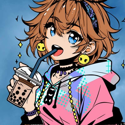 hot baddie anime girl drinking boba and biting the straw