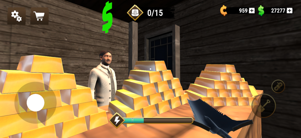 Wild West Miner - Gold Rush 3D - Stacks of gold bars on a table with a banker in Wild West Miner Gold Rush 3D