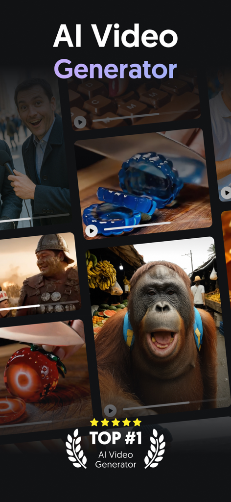 AI Video, Pix Generator・Filter - Collage de miniatures de vidéos générées par IA à partir de l'application AI Video Generator, représentant un orang-outan et des scènes cinématiques.
