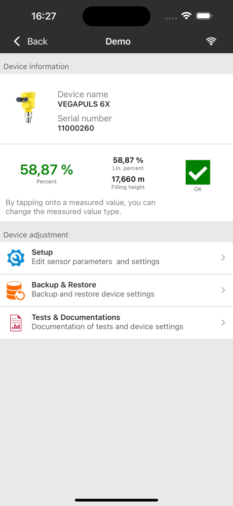 VEGA Tools - VEGA Tools App-Oberfläche, die Live-Messdaten und Konfigurationseinstellungen für einen VEGAPULS 6X Radarsensor anzeigt