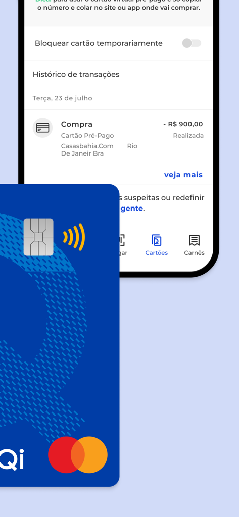 banQi - Conta Digital - banQi mobile app interface showing a blue prepaid Mastercard and transaction history