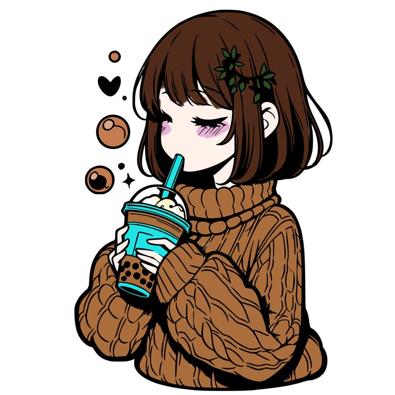 manga girl drinking boba in cozy sweater