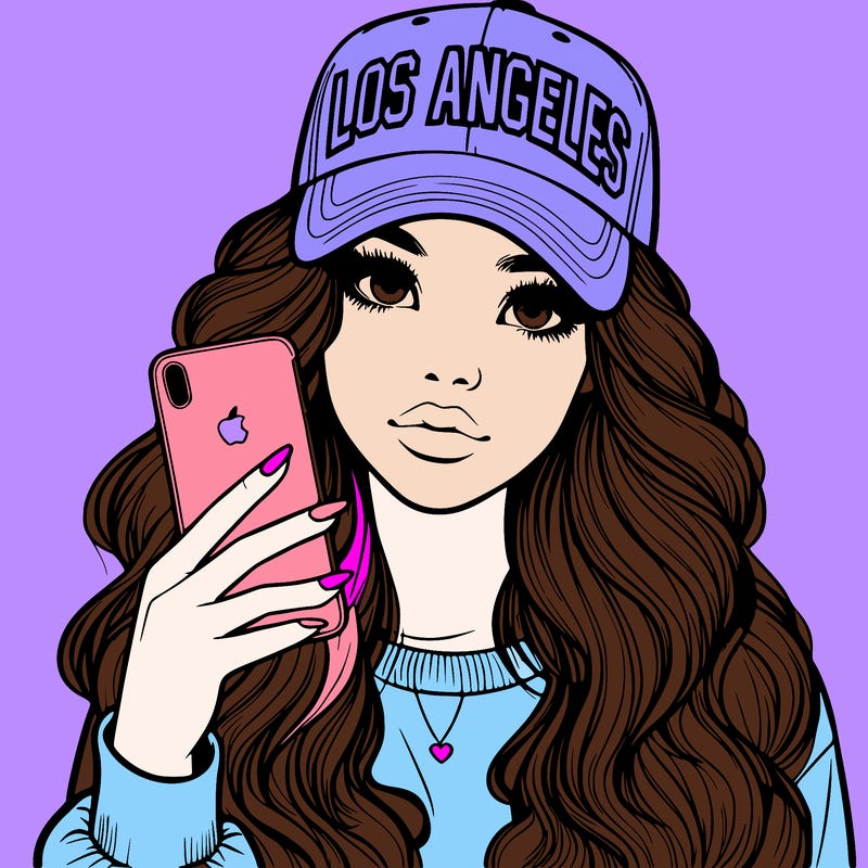 realistic beautiful girl wearing los ángeles cap holding an iphone