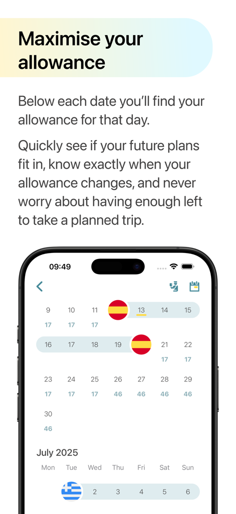 Schengen Simple app calendar interface showing daily travel allowance counts and planned trips to Spain and Greece.