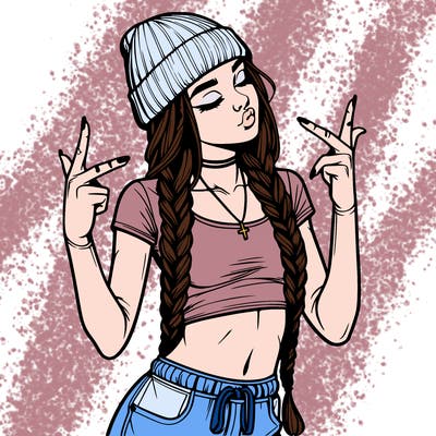 realistic teenage girl with braids and a beanie and crop top doing 🫶🏼