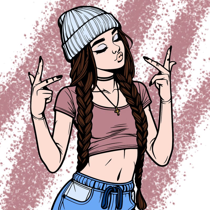 realistic teenage girl with braids and a beanie and crop top doing 🫶🏼