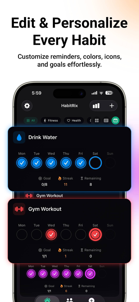 Pantalla del teléfono móvil que muestra la interfaz de la aplicación HabitRix para editar y personalizar hábitos diarios como beber agua y rutinas de gimnasio