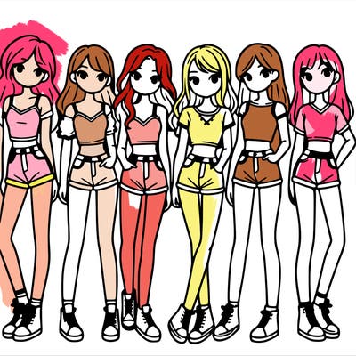a group of girls wearing crop tops and shorts
