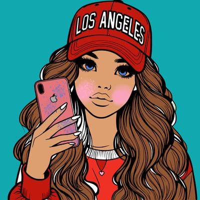realistic beautiful girl wearing los ángeles cap holding an iphone