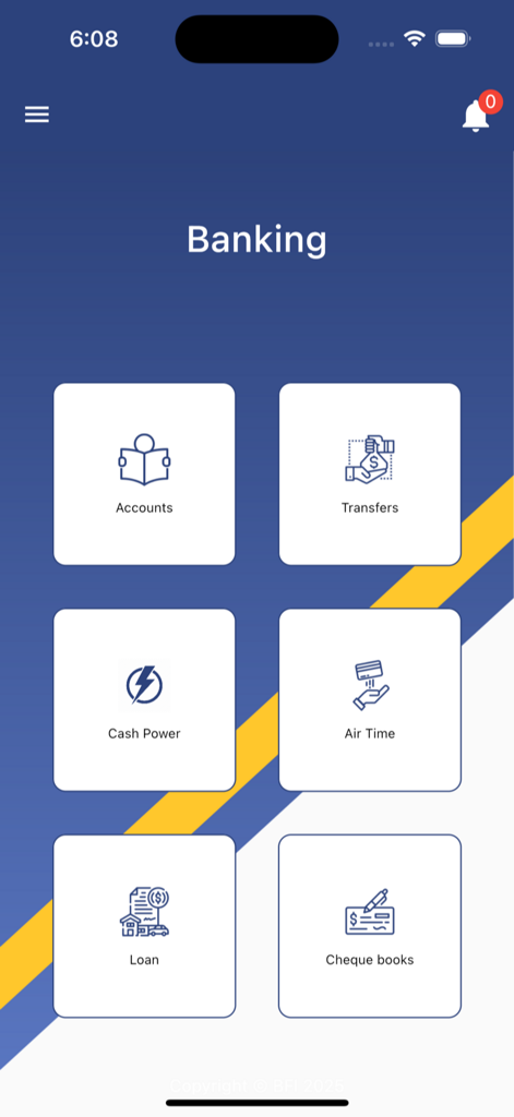 TrustBank PLC - TrustBank PLC mobile app dashboard featuring options for accounts, transfers, Cash Power, and Air Time.