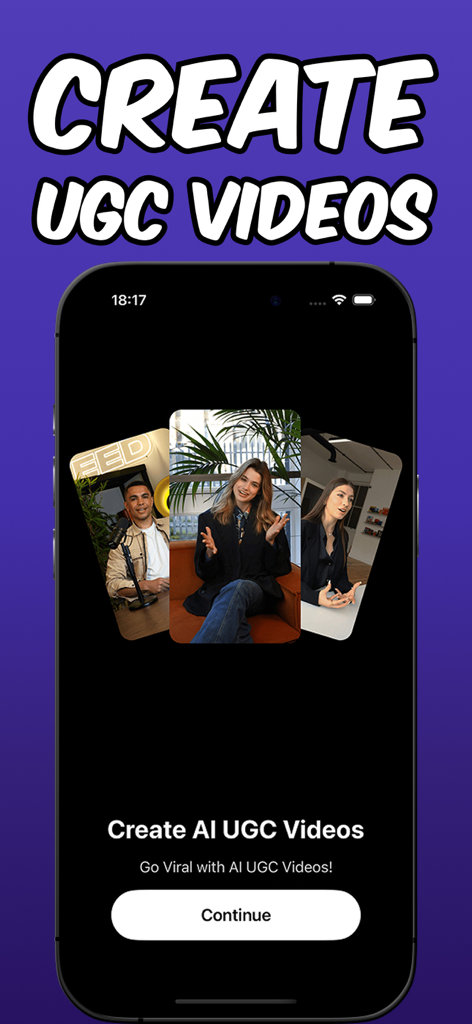 Faceless - AI Video Generator - Screenshot of the Faceless AI Video Generator app displaying the create AI UGC videos feature with influencer thumbnails.