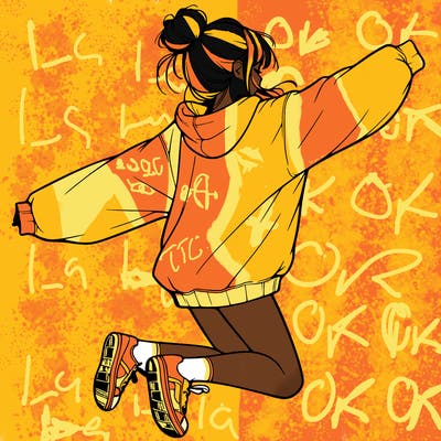 realistic girl jumping with a bun and oversized sweatshirt