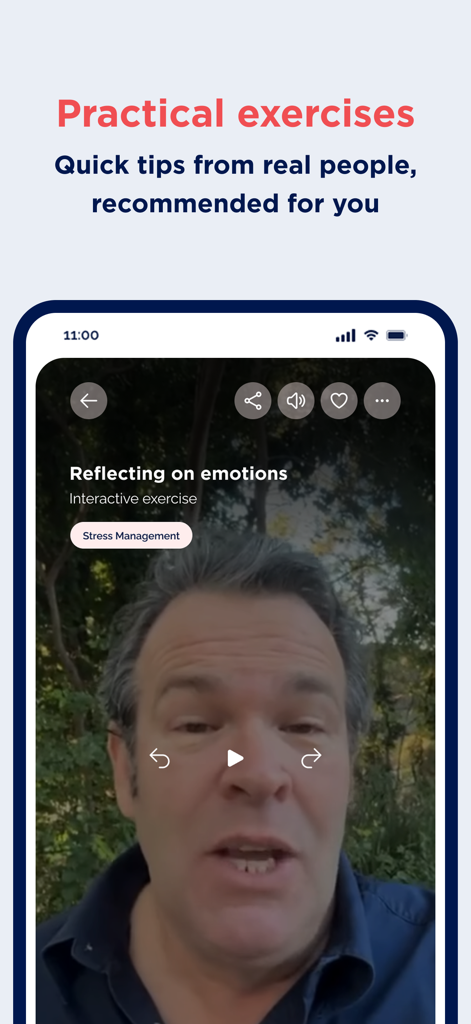 The Mental Fitness Gym - A mobile app interface displaying a video-based interactive exercise for emotional reflection and stress management.