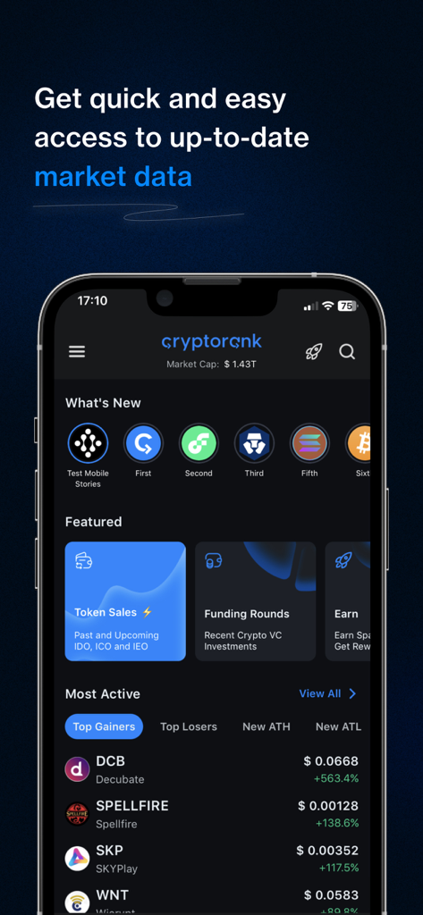 CryptoRank mobile app dashboard showing cryptocurrency market trends and top gainers