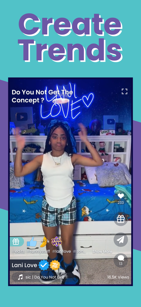 Zigazoo mobile app interface showing a kid creator and the text Create Trends