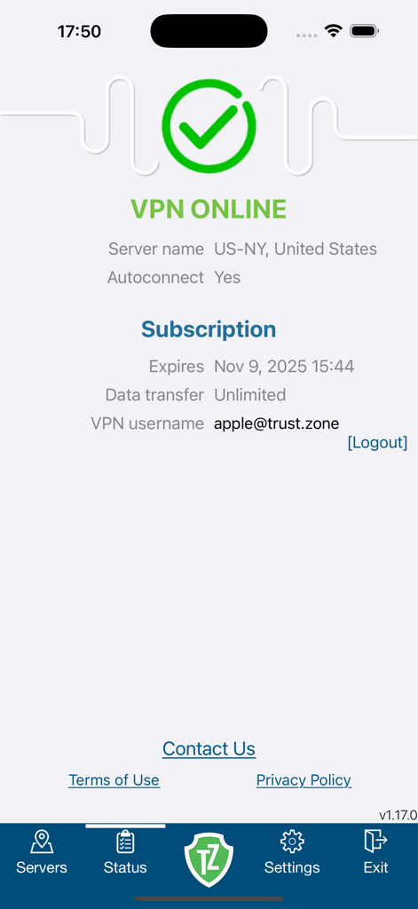 Trust Zone VPN app status screen showing an active connection to a server in New York