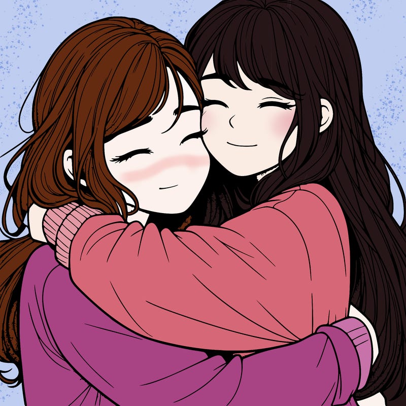 realistic two girls hugging
