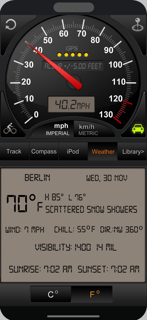 Speedometer GPS plus App-Oberfläche mit Tachometerskala und detaillierten Wetterinformationen